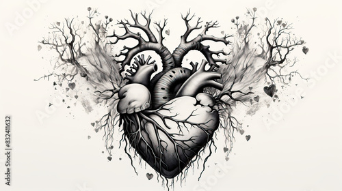 Tattoo of human heart with tree branches merging into veins