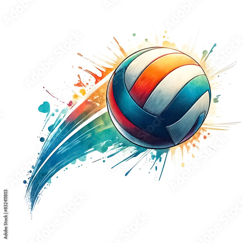 An illustration for summer, rendered in watercolor style, Beach volleyball clipart mid-spike action.