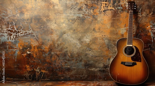 a image of a guitar leaning against a rusty wall photo