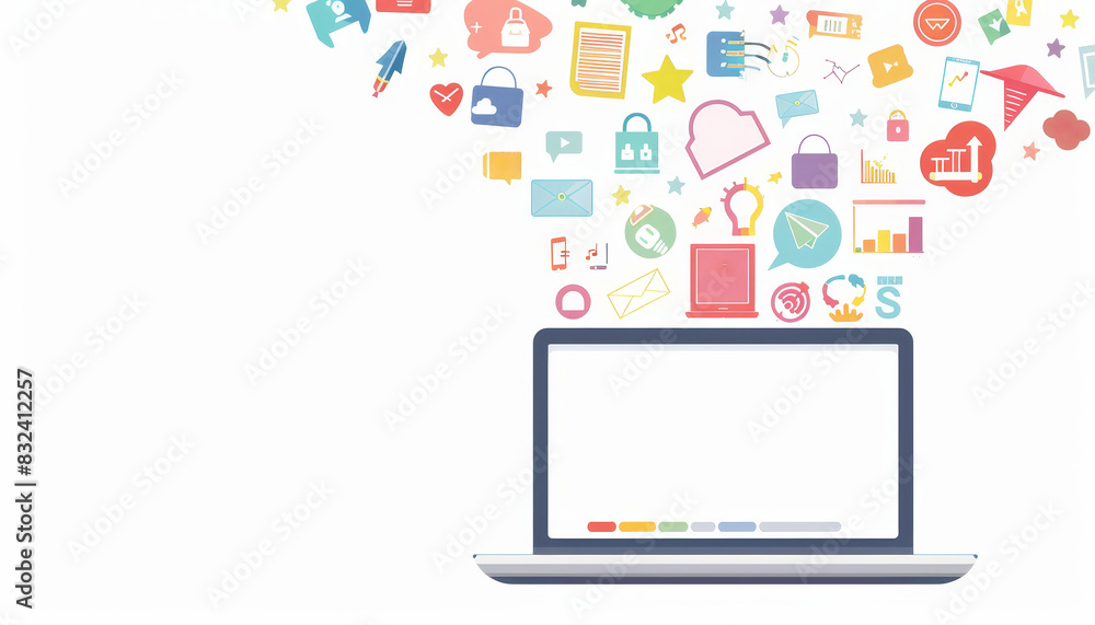 A laptop is on a table with a colorful background by AI generated image A laptop is on a table with a colorful background by AI generated image