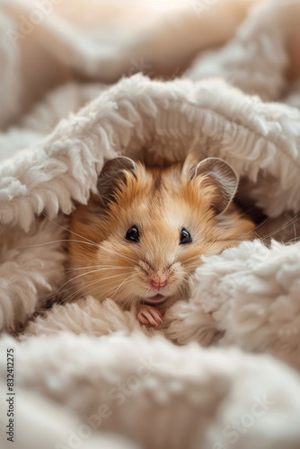 Adorable brown hamster nestled in soft white fluffy blanket, peeking out with curious eyes. Perfect for pet and animal stock photos.