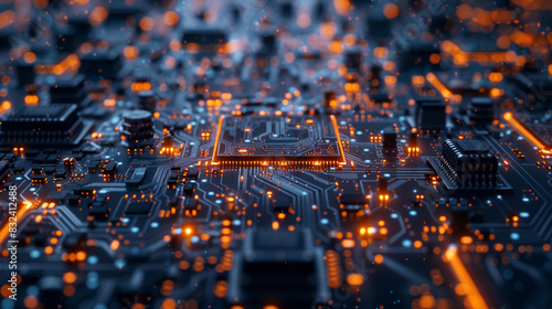 Close-up of a glowing futuristic circuit board with orange and blue lights, illustrating advanced technology and digital innovation.