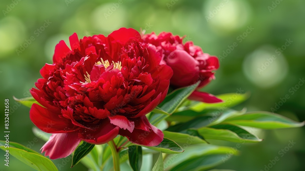 Red peony flower in close up with a variety of colors and large size Flower background in a natural setting Red peony flower in close up with a variety of colors and large size Flower background in a natural setting