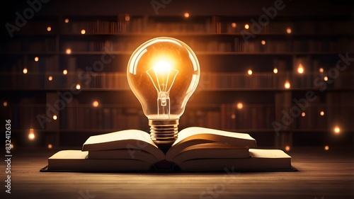 3D lightbulb images for education, ideas, and knowledge concept picture background featuring a glowing lightbulb in the center of books.Textbooks with glowing light bulbs enlighten every idea related  photo