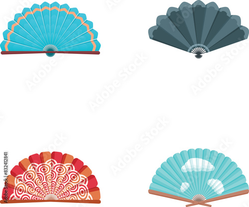 Vector illustration of four decorative hand fans in various colors and patterns