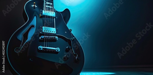 a image of a black electric guitar with a blue light photo