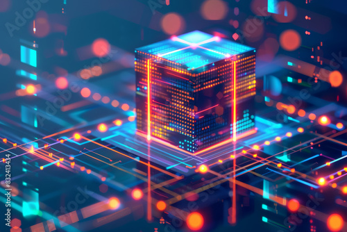 Futuristic glowing digital cube with vibrant neon lights and circuits, representing advanced technology, AI and data processing in a sci-fi style.