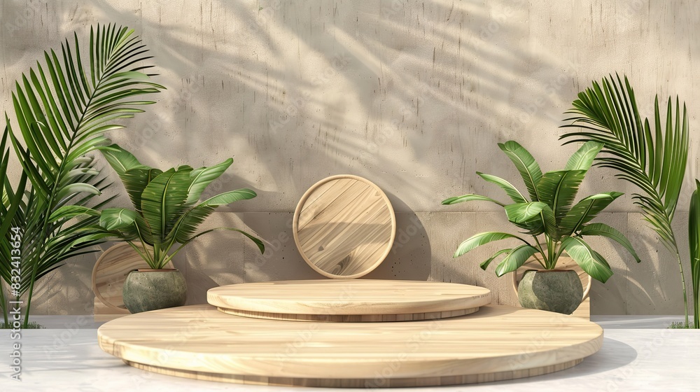Obraz premium wooden podium with green tropical concept and concrete backdrop.