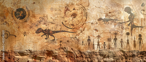 Ancient Cave Art Depicting Alien-like Figures Intricate Rock Paintings Showcasing Mysterious Anthropomorphic Creatures in a Historic Archaeological Setting Wallpaper Digital Art Poster Brainstorming