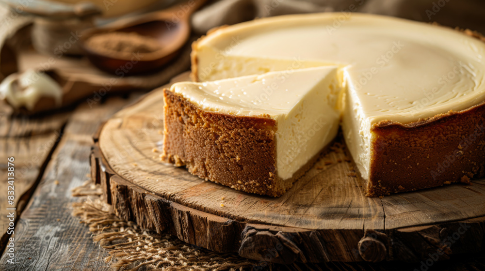 Classic New York cheesecake on a wooden board. Delicious and delicate dessert on a tray. The concept of desserts, sweets. Classic New York cheesecake on a wooden board. Delicious and delicate dessert on a tray. The concept of desserts, sweets.