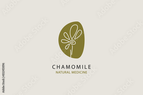  Chamomile flower natural medicine logo design. Linear style herbal vector graphic.