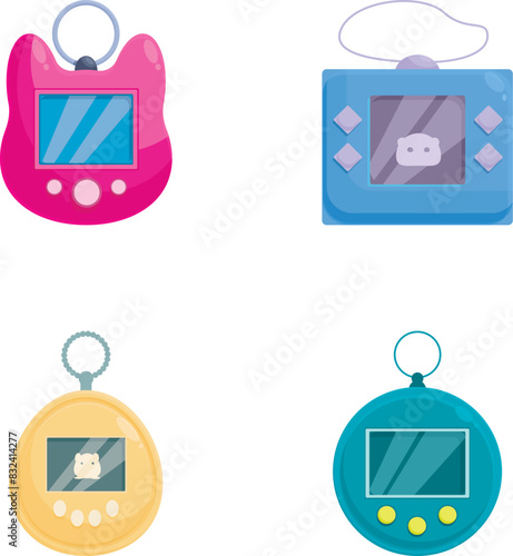 Collection of four illustrated digital pet devices in various colors and designs