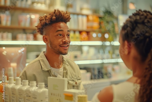 Man Engaging in Conversation with Woman at Modern Cosmetic Store Counter photo