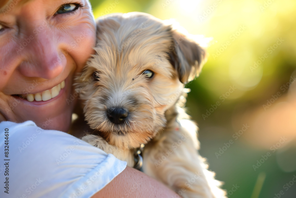Woman smiling and hugging a small puppy in warm lighting Woman smiling and hugging a small puppy in warm lighting