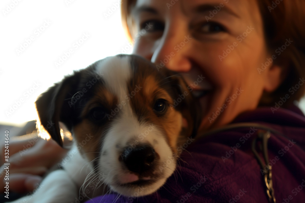 Woman smiling and hugging a small puppy in warm lighting Woman smiling and hugging a small puppy in warm lighting