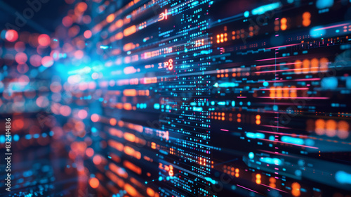 Abstract futuristic data stream flowing through a digital network, showcasing bright neon lights and advanced technology in beautiful motion.
