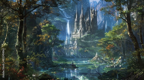 Enchanted castle ruins in a lush forest for fantasy or fairytale themed designs
