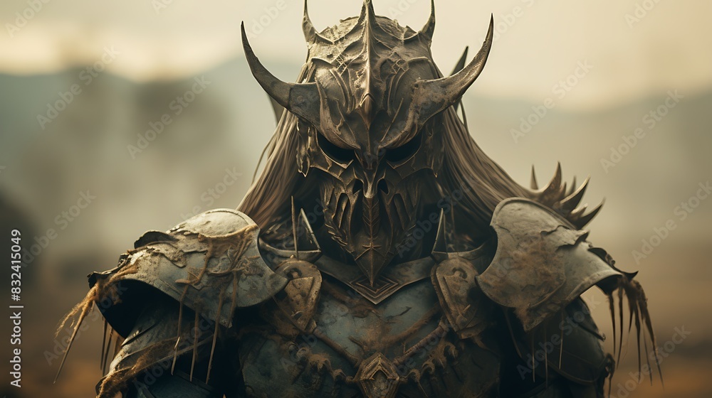 Fantasy-themed portrait of a warrior in elaborate armor standing in an ancient, misty battlefield Fantasy-themed portrait of a warrior in elaborate armor standing in an ancient, misty battlefield