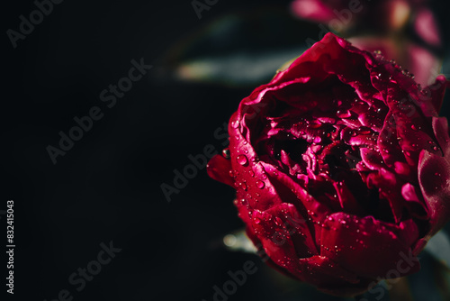 Fototapeta Naklejka Na Ścianę i Meble -  Red peony with rain drops on dark background. Wet maroon peony with water drops, close up. Blooming flower with dew. Floral pattern. Beauty in nature. Fresh flower in garden.