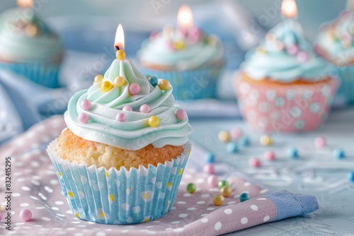 Cupcakes on a table with a light background celebrating a birthday