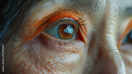 An elderly person's eye reflects deep wisdom and life experiences, highlighted by the intricate details of age.