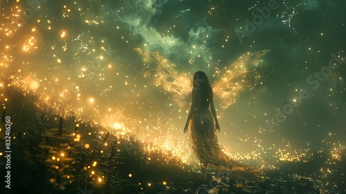 Angel Winged Woman Walking in Dreamlike Starlit Forest