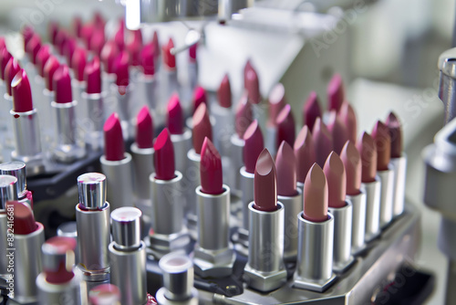 Rows of Red Lipsticks on a Conveyor Belt in a Cosmetics Factory