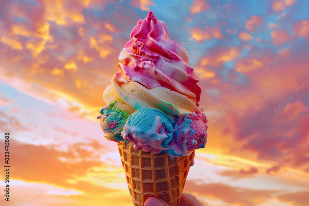 A picturesque ice cream cone with vibrant, tropicalcolored scoops, held up against a sunset sky