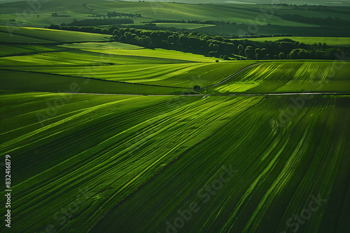 Aerial View of Vast Green Fields with Patterns and Rolling Hills