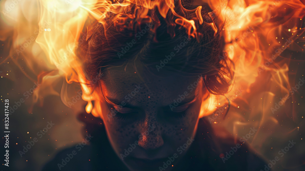 Fototapeta premium tired woman with burning head. Concept of emotional burnout, psychological disorder and human under stress