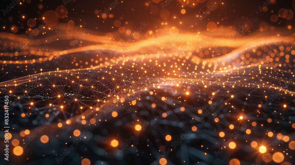 Obraz premium Abstract digital landscape with glowing orange dots and connecting lines, representing a futuristic network and technology concept.