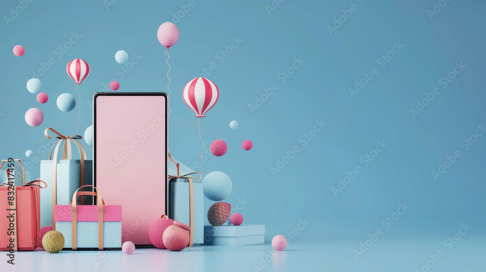 Festive scene with a smartphone surrounded by colorful gift boxes and balloons, perfect for holiday, celebration, and e-commerce themes.