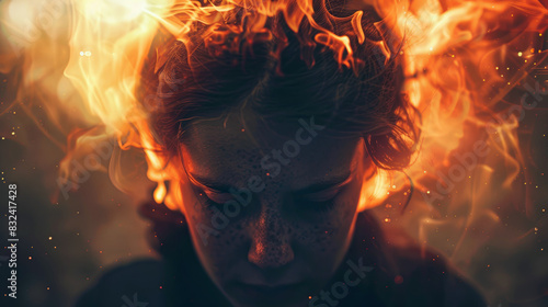 tired woman with burning head. Concept of emotional burnout, psychological disorder and human under stress