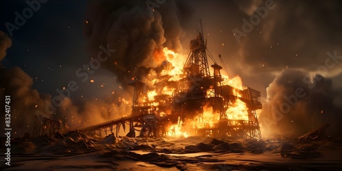 Oil rig explosion emphasizes need for environmental safety in energy sector advertising. Concept Environmental Safety, Energy Sector Advertising, Oil Rig Explosion, Safety Protocols