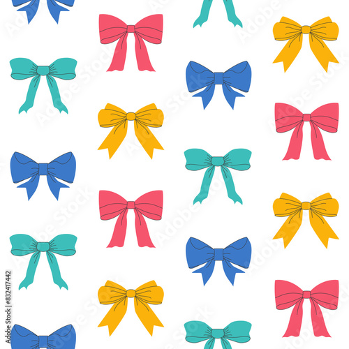 

 Seamless Pattern, background of various colorful Bow knots, tie ups, gift bows.
 Wedding celebration, holiday, party decoration, gift, present concept