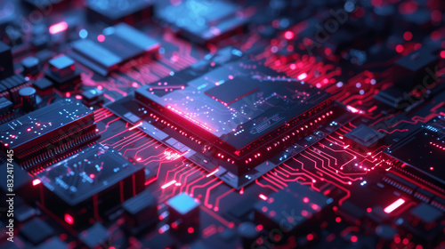 Close-up of a modern electronic circuit board with glowing red lights, showcasing intricate designs and advanced technology in a high-tech environment.
