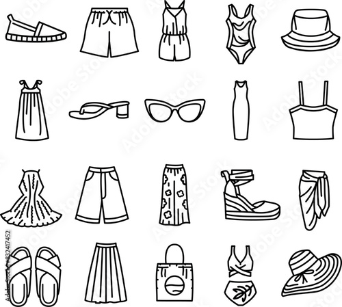 Women's summer clothes line black icons set.