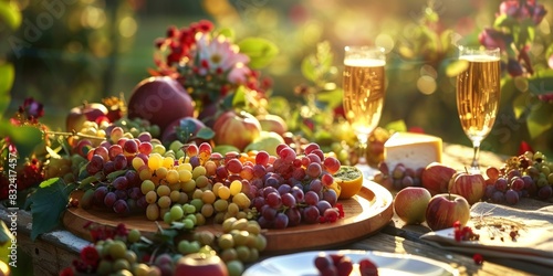 Sunlit orchard with a rustic table laden with fresh fruits  artisanal cheeses  and a sparkling cider  showcasing a bounty of natural colors and textures  ai generated
