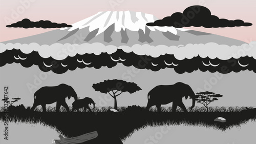 Safari vector. Silhouettes of elephants on the background of African nature. Nature safari.
