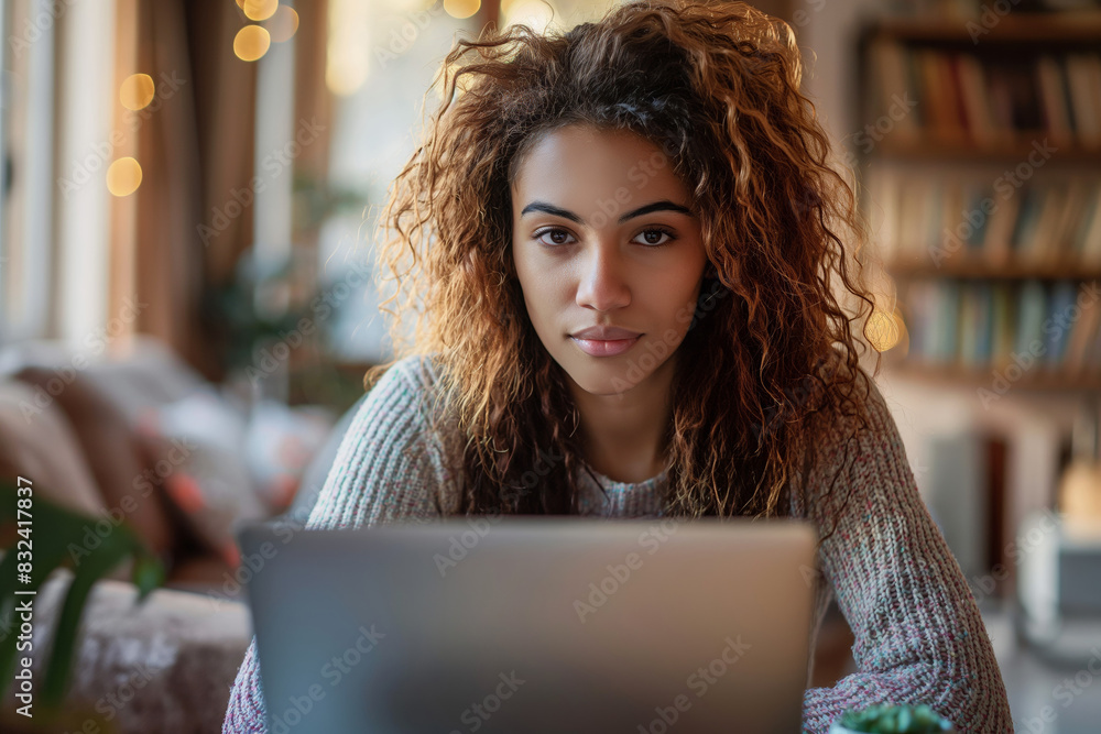 Young woman using a laptop, focused and working remotely. An image capturing the new normal of remote work and digital lifestyle. Young woman using a laptop, focused and working remotely. An image capturing the new normal of remote work and digital lifestyle.