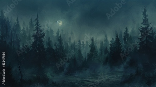 Enchanted forest with full moon and fog for halloween or winter holidays photo