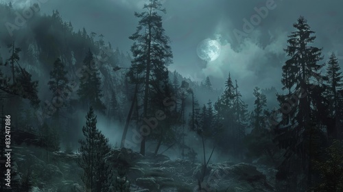 Enchanted forest with full moon and fog for halloween or winter holidays photo