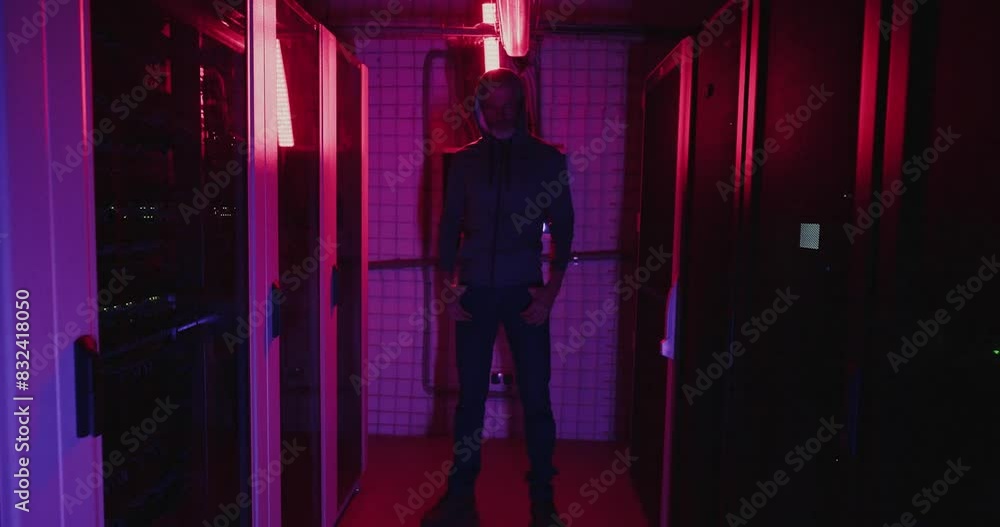 Man in Hoodie Accessing Server Room at Night Man in Hoodie Accessing Server Room at Night
