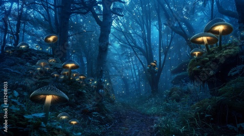 Enchanted forest with glowing mushrooms for fantasy or magical themed designs