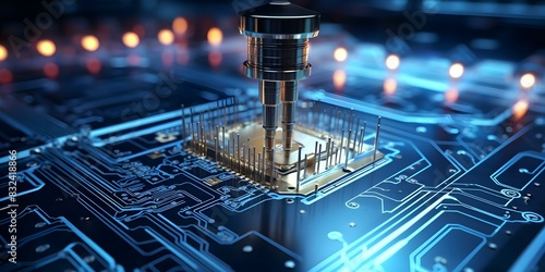 Advancement in Computing Power: High-Tech Syringe Injects Semiconductor into CPU. Concept Computing Technology, Semiconductor Innovations, Syringe Injects, CPU Advancements, High-Tech Development photo