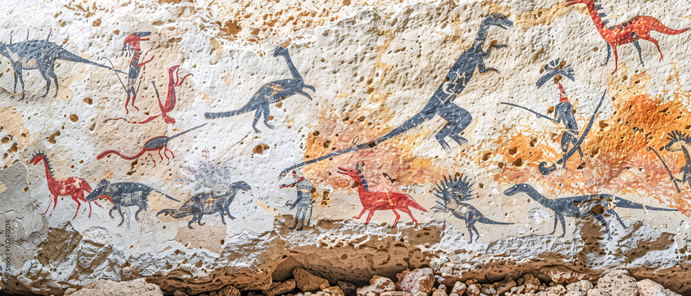 Naklejka premium Ancient Cave Art Depicting Alien-like Figures Intricate Rock Paintings Showcasing Mysterious Anthropomorphic Creatures in a Historic Archaeological Setting Wallpaper Digital Art Poster Brainstorming
