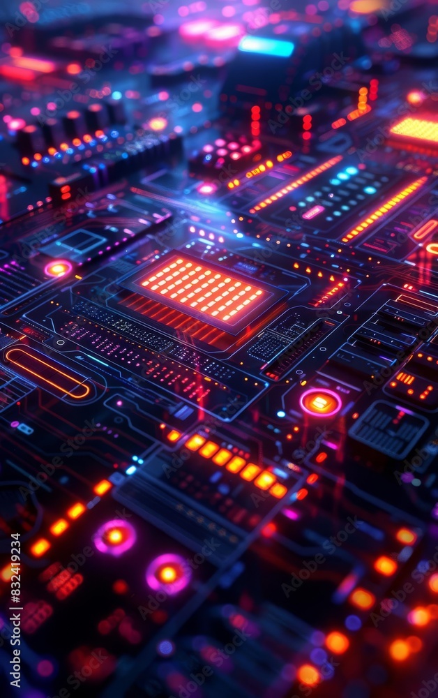 Abstract cyberpunk circuit board with glowing neon lights.