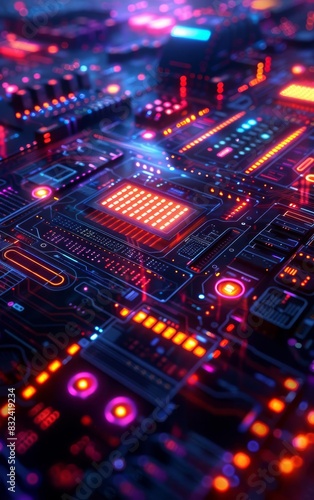 Abstract cyberpunk circuit board with glowing neon lights.