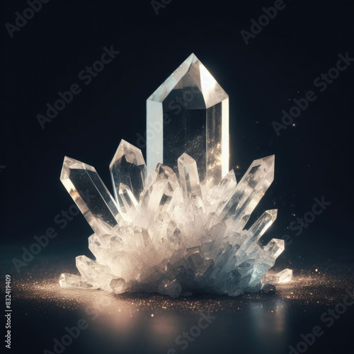 Pure Quartz crystal in the center of the frame. It is surrounded by smaller rough white quartz crystals. The background is black photo