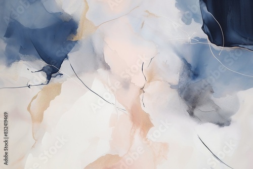 This abstract acrylic painting on canvas, with sweeping navy and soft peach strokes accented by fine lines, exudes elegance for home or office decor.